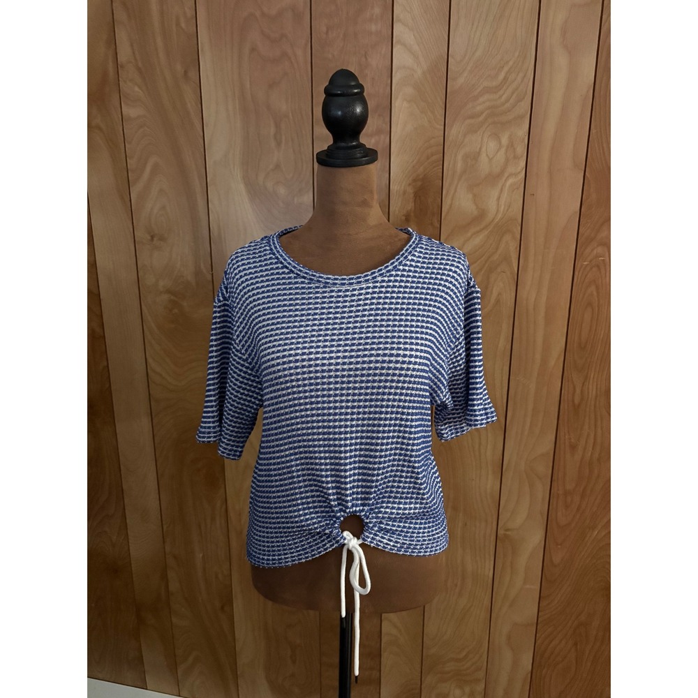 Chaser Blue White Textured Stripe‎ Front Tie Knit Top Womens M NWT New